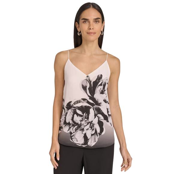 Calvin Klein Women's Floral Printed Strappy Cami in Black White Multi - Picture 1 of 4